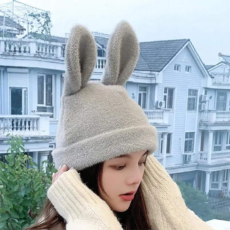 Bonnets tricotés pour femmes, Harajuku, Skullies, chapeau mignon, oreilles lapin, mode chaud épais, couleur unie, crâne