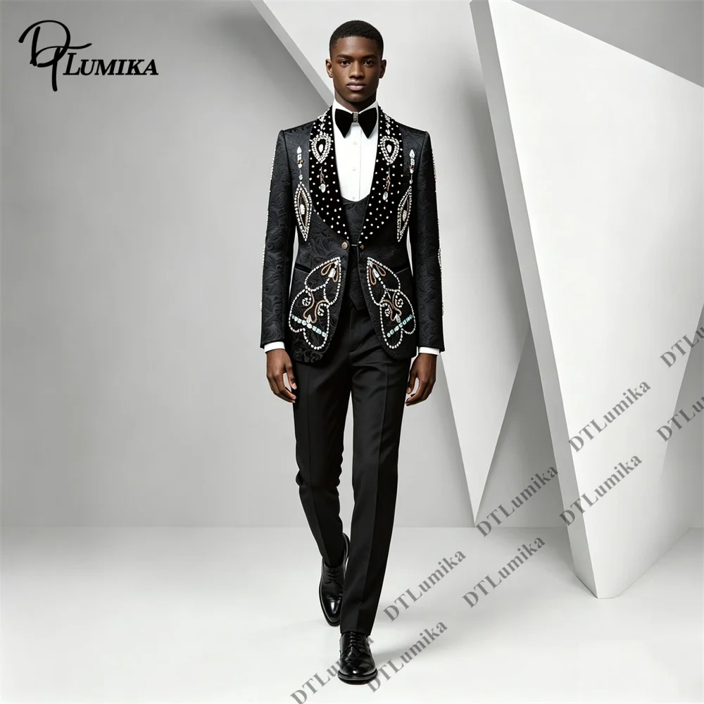 Banquet Men Suit 3 Piece Floral Jacquard Beaded Collar Textured Tuxedo Blazer Pants Slim Fit Formal Wedding Prom Dinner Party