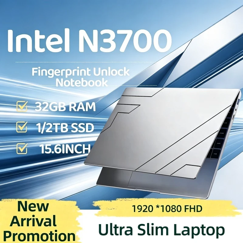 Portable 15.6 Inch 1920 *1080 FHD Display Laptop Intel N3700 32GB RAM 1TB 2TB SSD Ultra‑Slim Fingerprint Unlock Notebook PC
