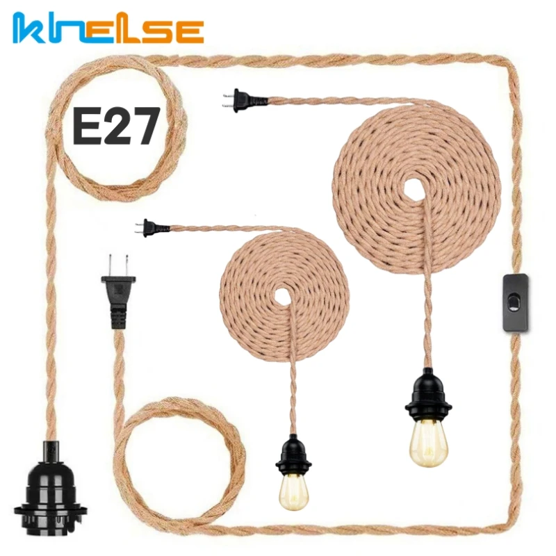 industrial hemp rope led pendant light soquete e27 com plug switch faca voce mesmo twisted cabo decor pendurado lampada suporte acessorios ue eua 01