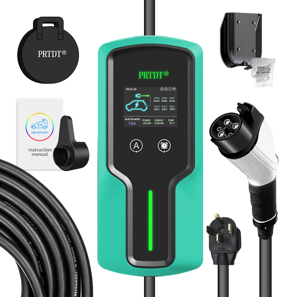 PRTDT Portable EV Charger Type2 7KW 32A EVSE Charging Box CEE Plug Type1 J1772 GB/T Cord Charger 5M Cable For Electric Vehicle