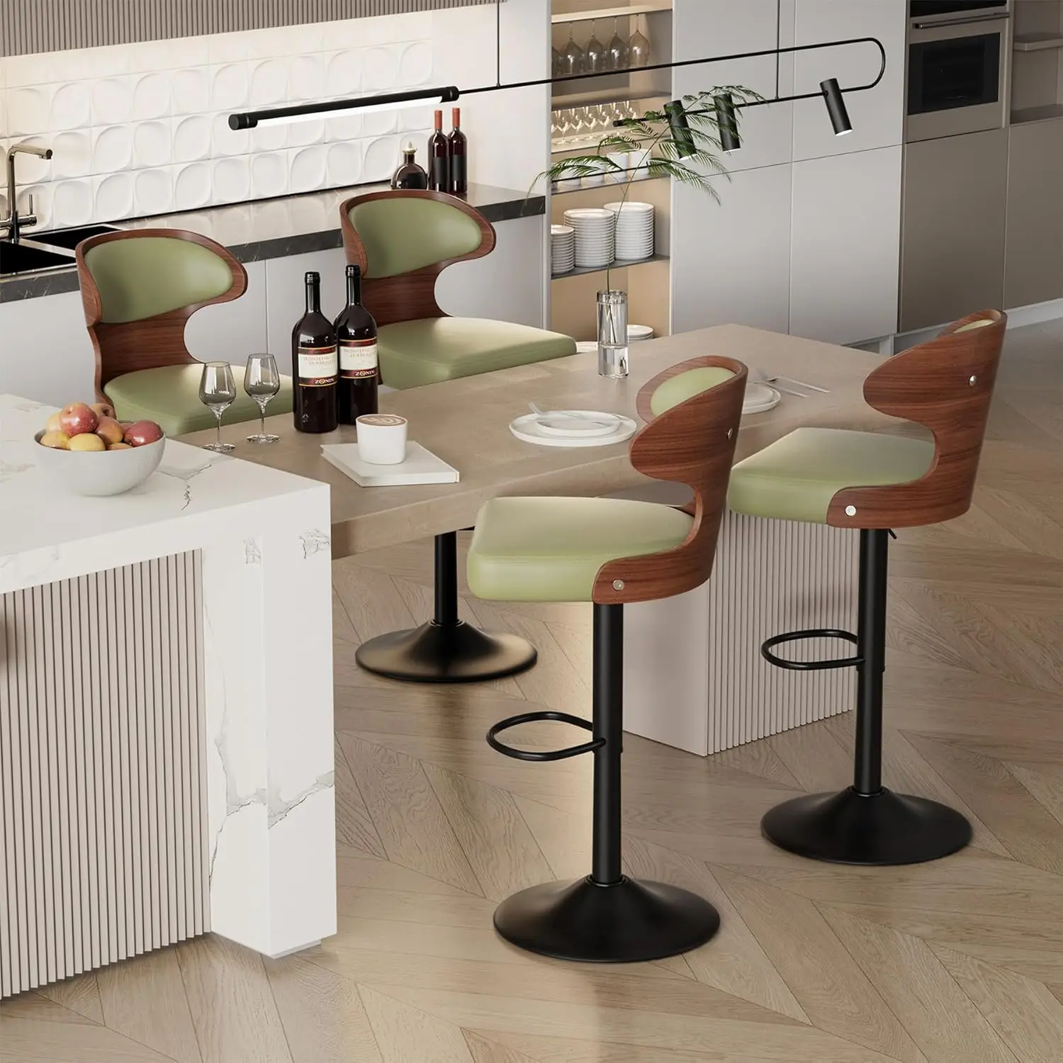 

Bar Stools Set of 4 Adjustable Height Swivel Bar Stools Faux Leather Upholstered Bentwood Barstools with Back & Footrest