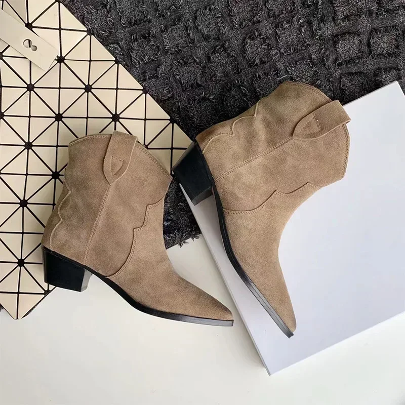 Winter Classic Chelsea Boots for Woman Cow Suede Pointy toe Wedge Heel Ankle Boots Simple Comfortable Cowboy Boots Female2024