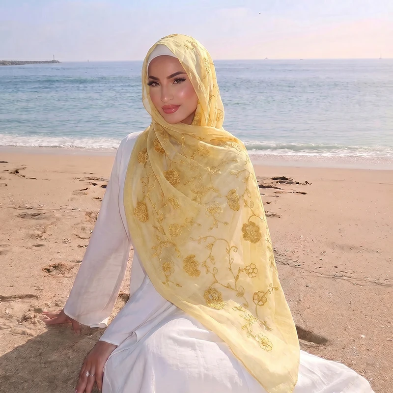Floral Embroidery Muslim Hijab Sheer Scarf Soft Lightweight Headscarf for Women Daily Modest Wear Islamic Head Wrap Accessory view 3