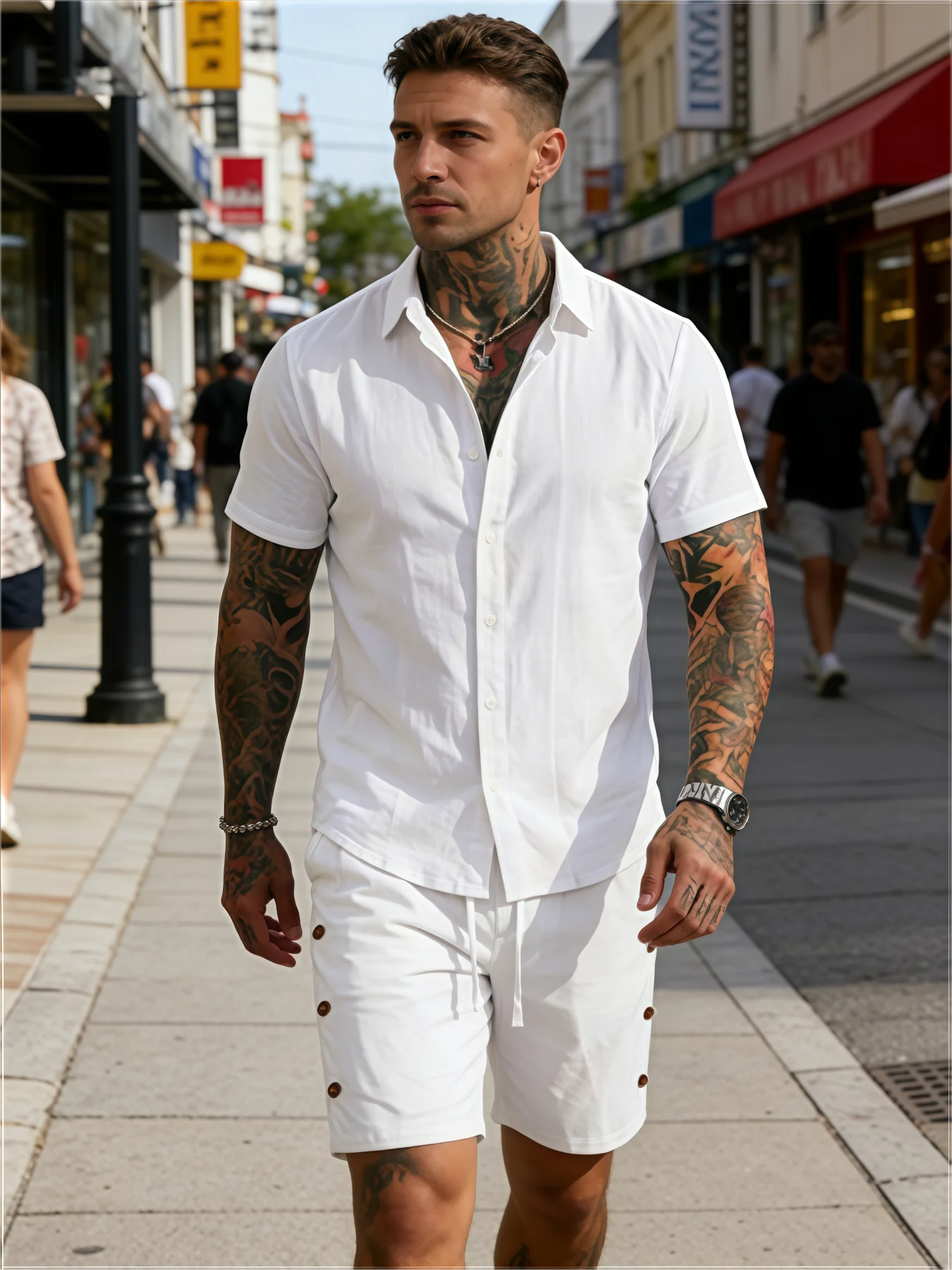 

Cotton Linen Shirt shorts Sets for Men Lightweight Breathable Single Breasted Shirt Sets Fashionable and casual men's suit
