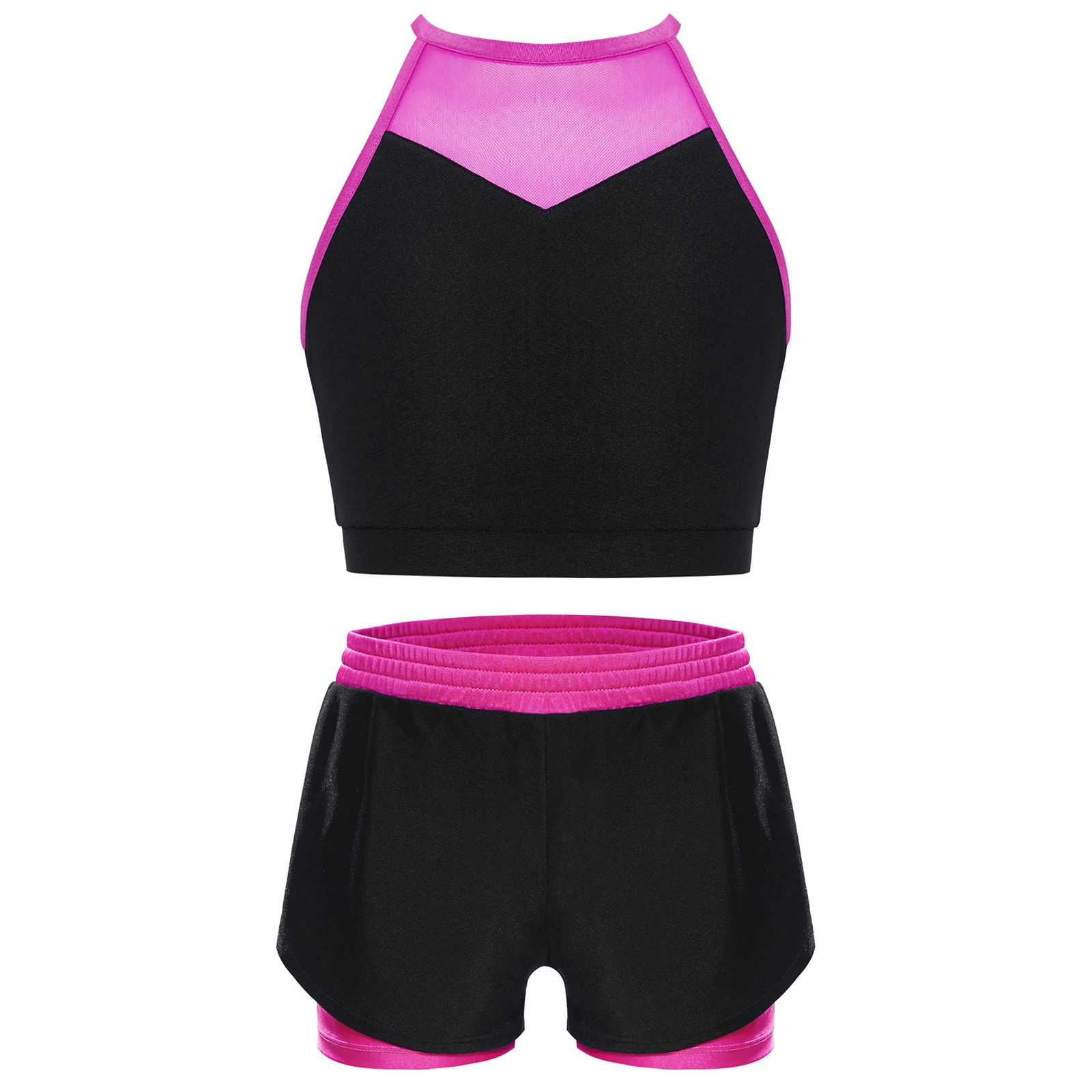 

Kids Girl Color Block Sports Set Sheer Mesh Patchwork Cutout Back Crop Top with Shorts for Workout Exercise Yoga Running Cycling