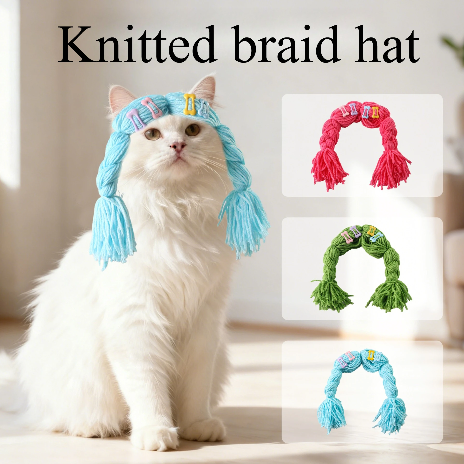 

Cat with leaky ears, woolen hat, small dog, Blue Green Red funny and cute pet decoration, wig, pet supplies cat accessories