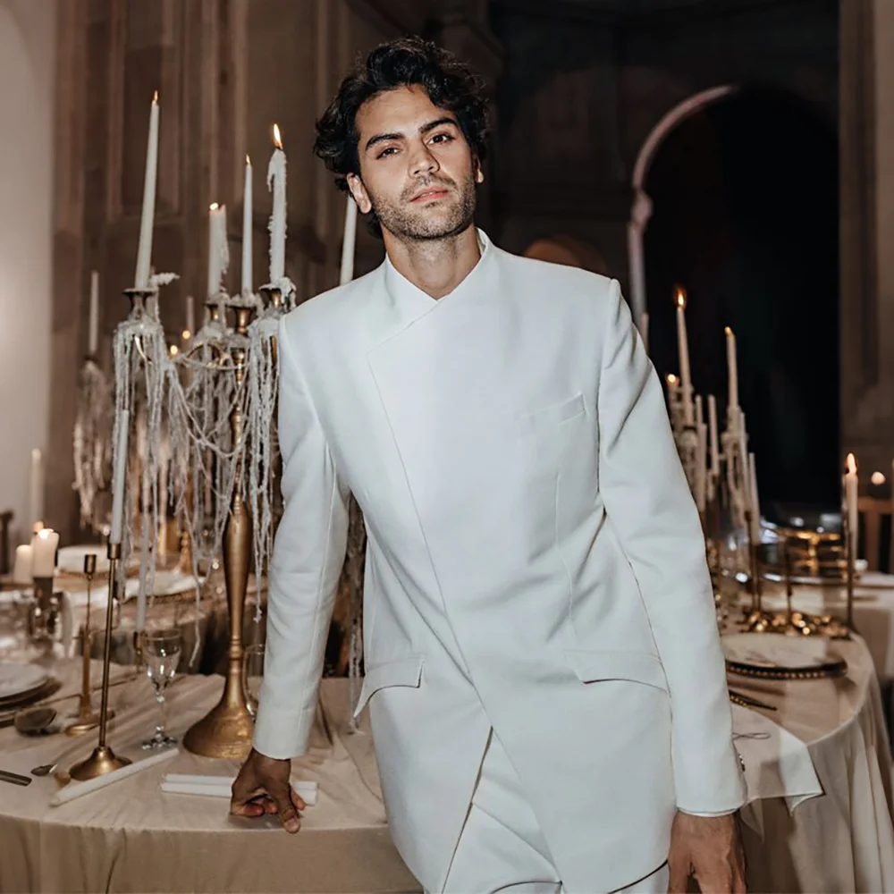 Modern Men Ivory Asymmetric Stand Collar Suit 2 Piece Jacket Pants Set Fashion Formal Evening Outfit Wedding Groom Tuxedo Outfit