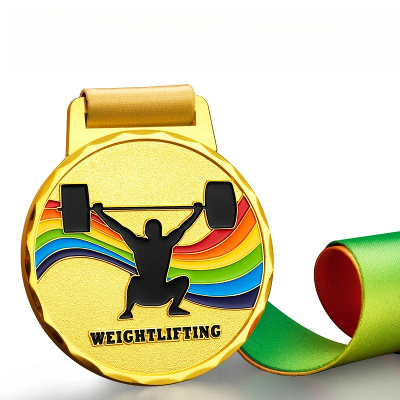 

Weightlifting competition medals (gold, silver, bronze) for sports events. General award for competition plaques.