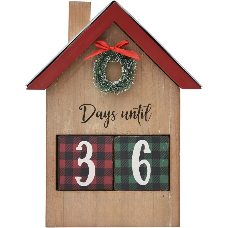 

Christmas countdown calendar in the shape of a house, festive seasonal tabletop wooden sign, decorated with small garlands