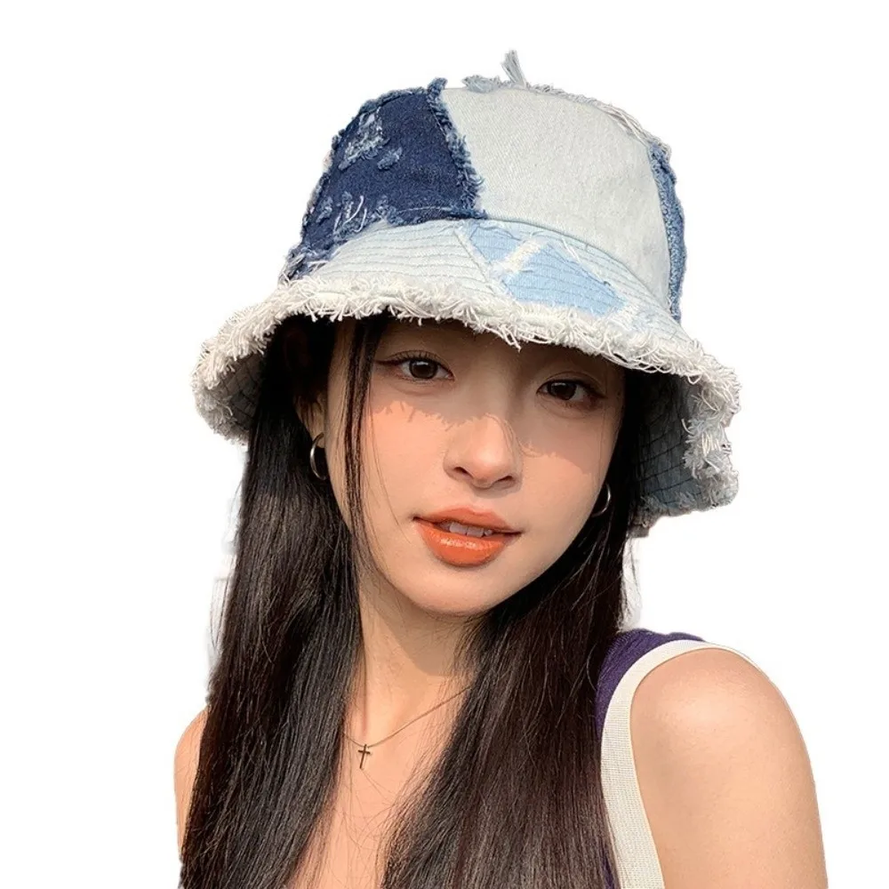 المتخصصة اليابانية الدنيم قبعة بحافة مرقع المتسول نمط الرجعية صياد قبعة الأزرق الربط الشمس حماية حوض قبعة للجنسين #5