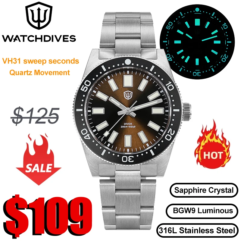 Watchdives WD1965 V2 Luxury Diver Watch VH31 Quartz Watch Luminous Sapphire 20Bar Waterproof 38Mm Vintage 62Mas Reloj Watches