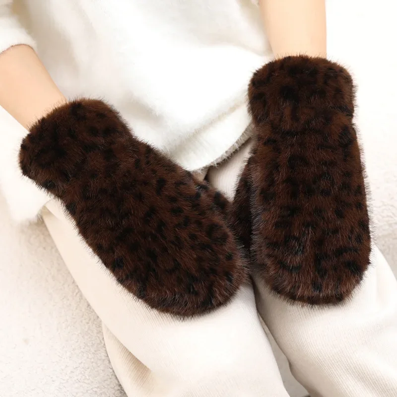 Women Imitation Mink Fur Gloves Winter Leopard Gloves Windproof Plush Thick Warm Plus Cashmere Gloves Soft Full Fingers Mittens