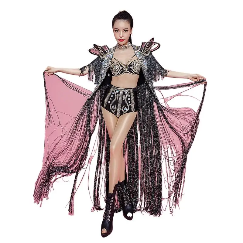 

Sparkly Rhinestones Long Tassels Cloak Party Luxurious Outfit Bar Leading Dancer Singer Stage Costume Model Catwalk Dance wear