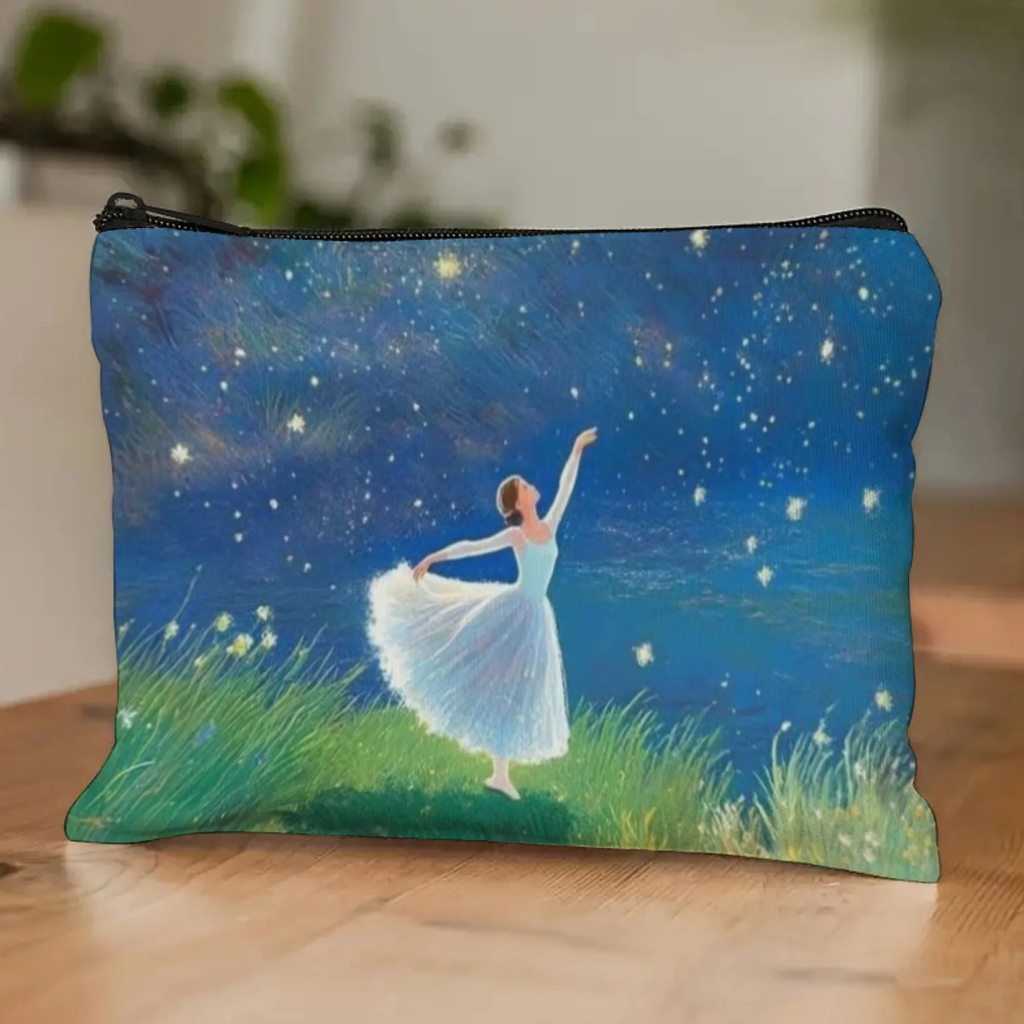 Romantic Dance Art Cosmetic Pouch Satin Bag with Starry Night Ballet Design for Date Nights Theater Outings Ideal Memory Gift