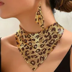 Indian Style Triangle Scarf Necklace Earring Set for Women Fashion Sequined Necklace Shining Rhinestone Metal Slice Bib Necklace