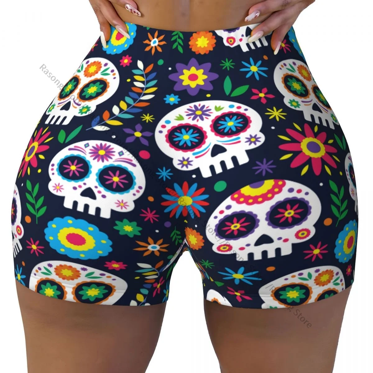 Spandex Yoga Shorts for Women Day Of Dead Skull Workout Booty Shorts