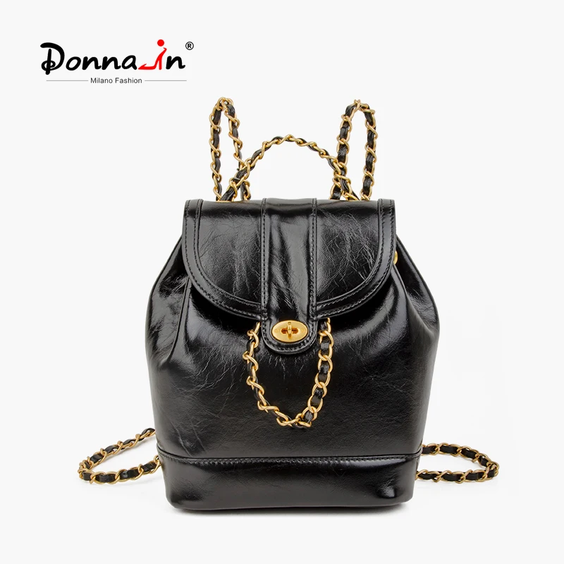 Donna-in Genuine Leather Chains Women Backpack Black Fashion Real Leather Bag Elegant Girl School Backpacks Ladies Street Travel