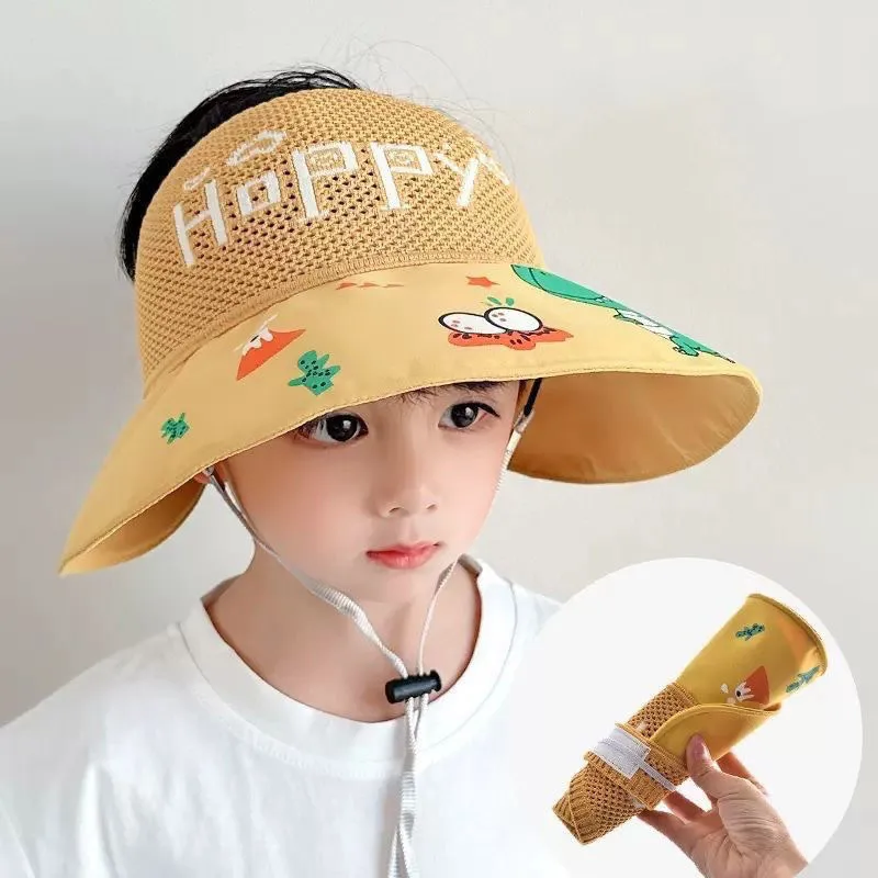 

Empty Top Children Sun Hat Dinosaur Print Kids Fisherman Cap Foldable Summer Big Brim Baby Sunscreen Visors 2-10Year Boys Girls