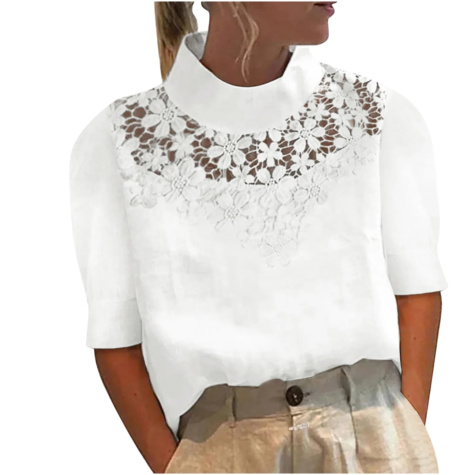 New women's lace stitched semi-high-neck casual shirt