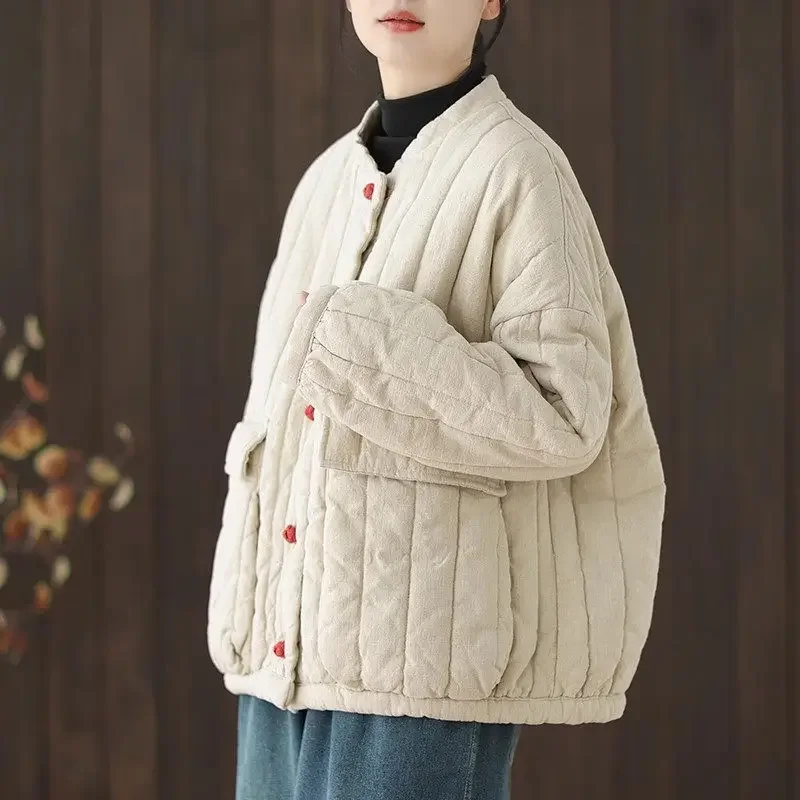 Cotton And Linen Women's Quilted Jacket 2025 New Autumn And Winter Retro Chinese Style Short Thick Casual Padded Coat Top K2675