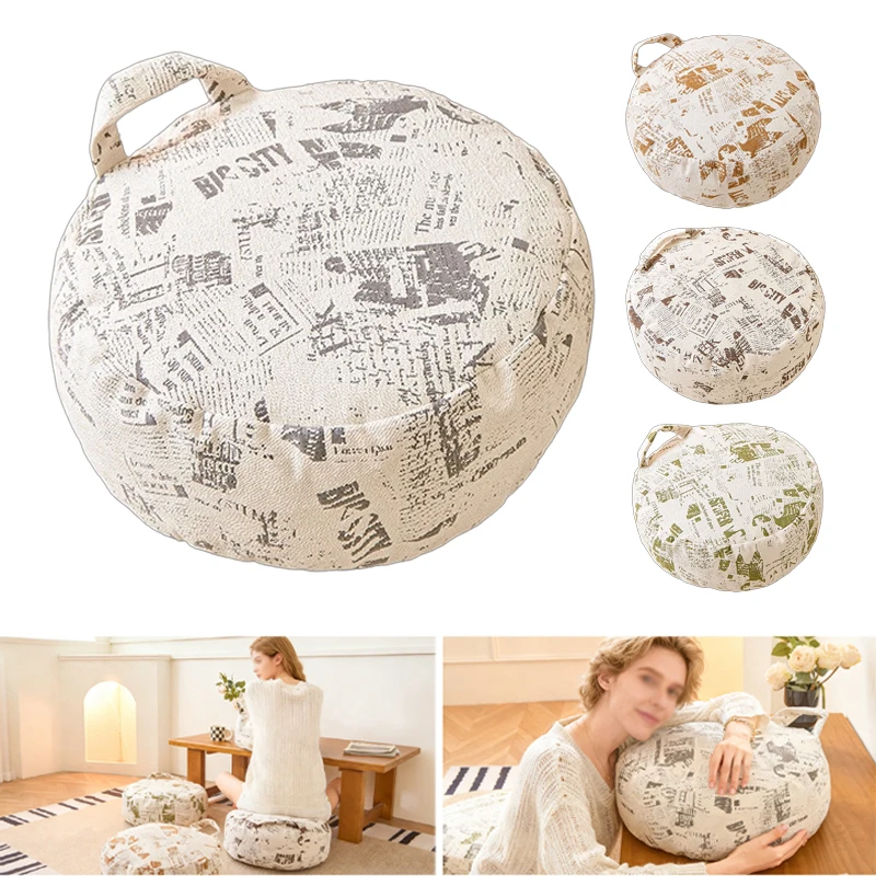 Vintage Floor Pillow Round Newspaper Print EPP Filled Cushion with Removable Washable Cover Multi Use Seat Footrest Home Decor