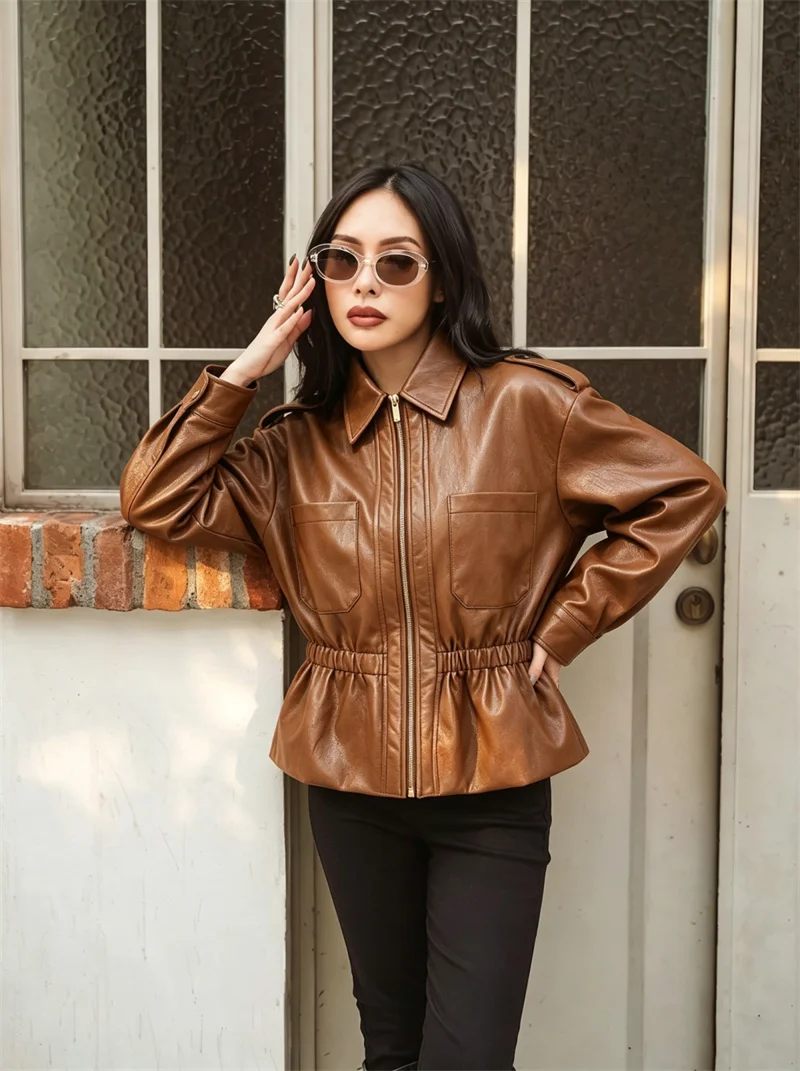 Guobioziy Women's Jacket 2026 Fall/Winter New Solid Color Long Sleeve Faux Leather Waist-Cinch Biker Jacket Parka Stylish Trendy