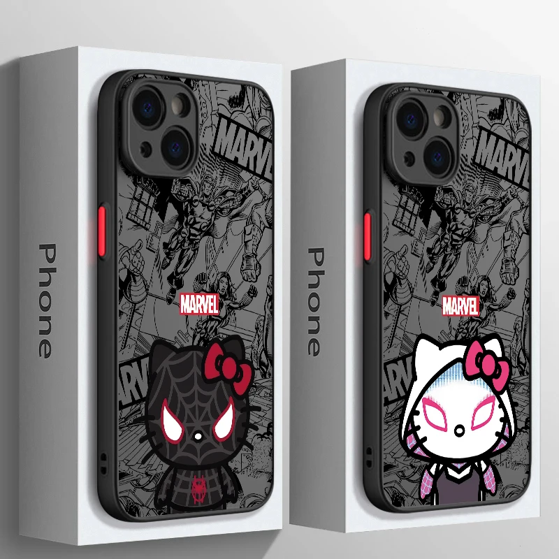 Cute Hello Kitty Kiss Spiderman Phone Case For iPhone 15 14 13 12 11 Mini Pro Max X XR XSMax 8 Plus Matte Transparent Back Cover