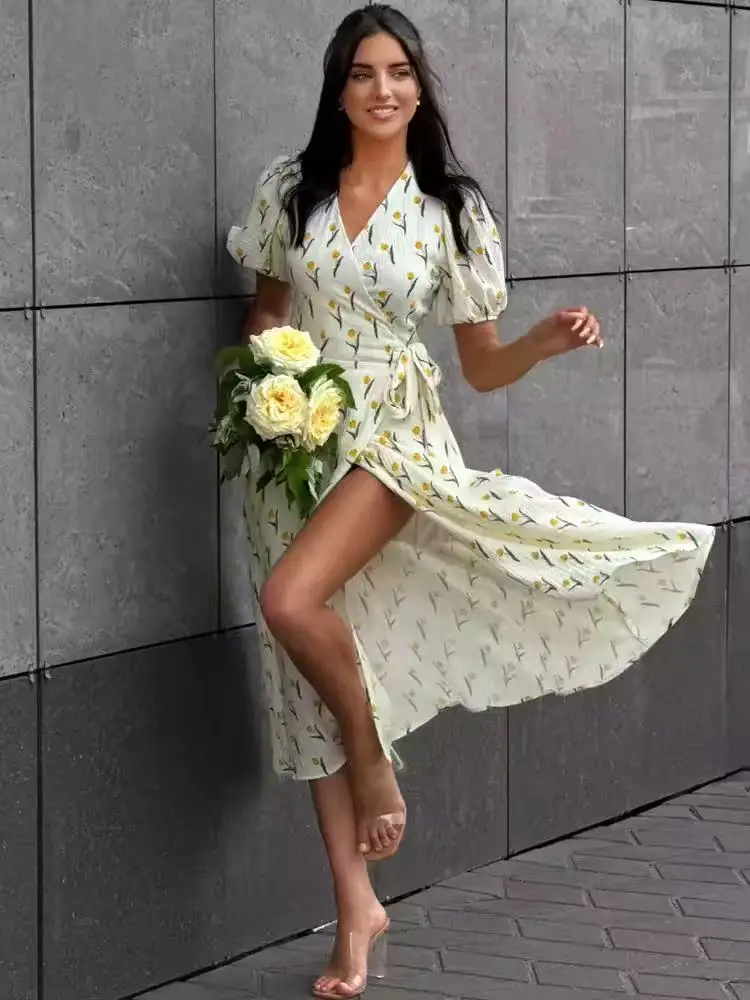 

2025 Summer Light Long Dress 100% Cotton A-line Midi Dresses Women Muslin with Side Slits Flowers Elegant Beige Dress For Female