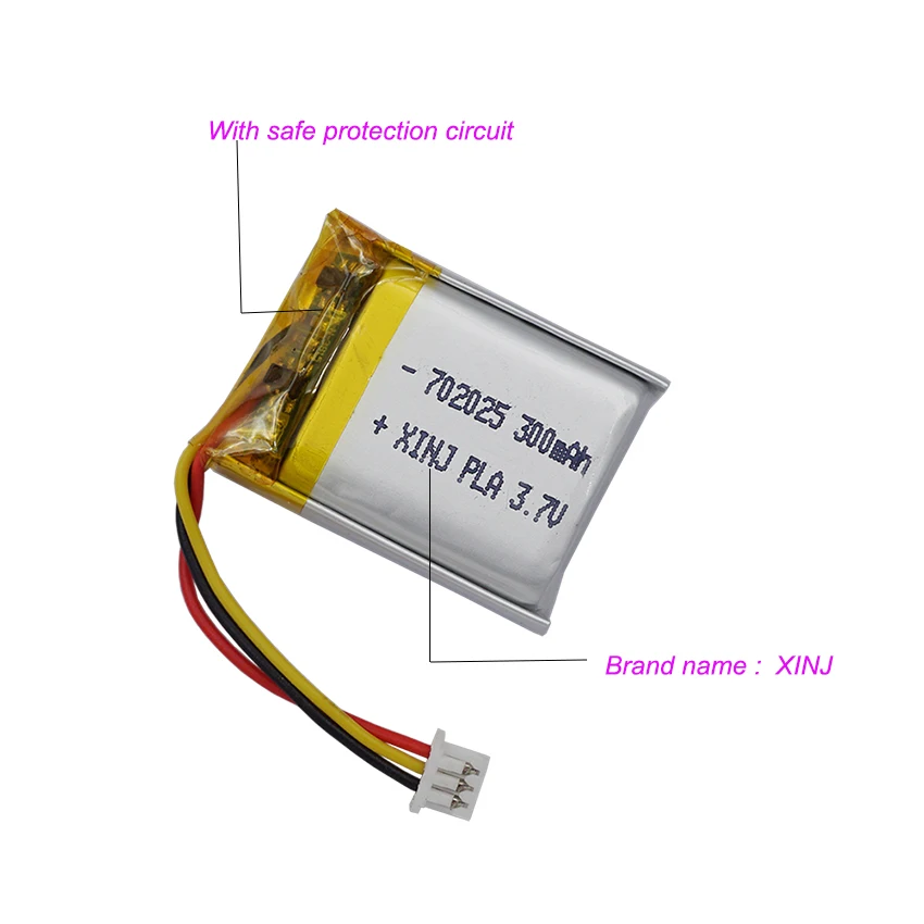 2pcs 3.7V 300mAh 1.11Wh Rechargeable Li Li-ion Replacement Battery 702025 JST 3pin 1.25mm Connector For Bluetooth Speaker