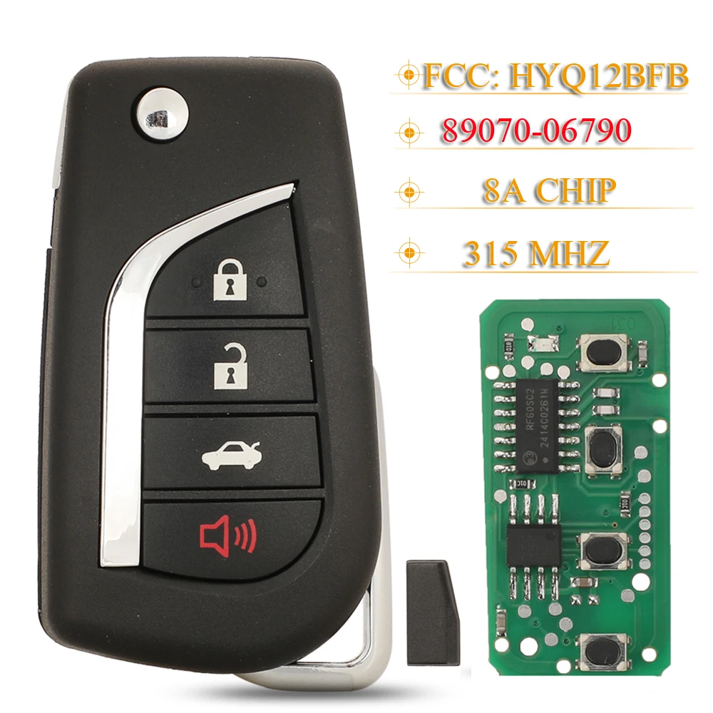 jingyuqin 4 Buttons Folding Smart Remote Car Key Fob HYQ12BFB 315MHz 8A Chip 89070-06790 For Toyota Camry 2018-2020