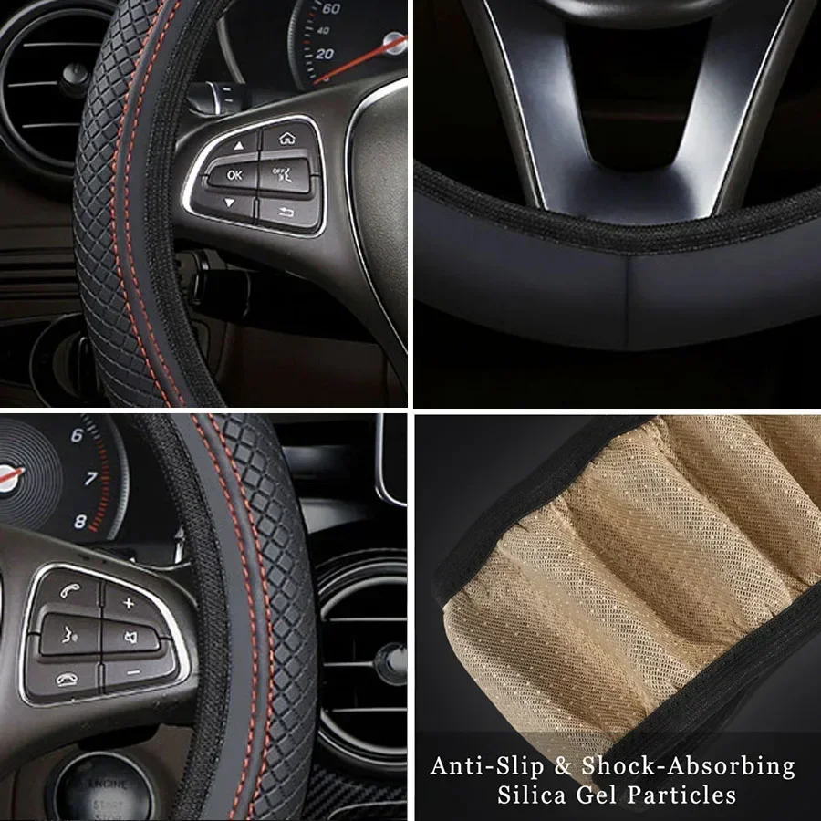 Four Seasons Motors Steering Wheel Cover Non Slip Sweat Absorbent Fiber PU Leather Handle Cover Bread Off Road Pickup Sedan