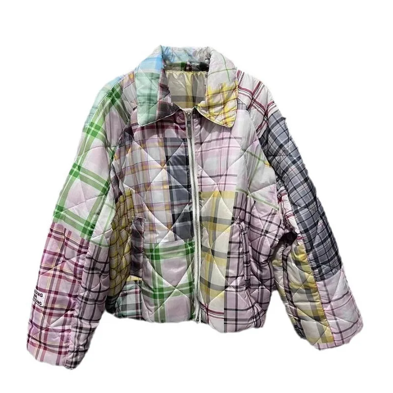 WTHT Mode Damen Farbverlauf Bunte Plaid Steppmantel 2024 Winter Trendy Revers Lange Ärmel Warme Jacke Weiblich 1LS455