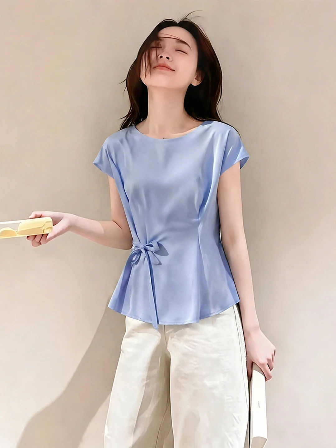 

Summer Fashionable Knot Waist-Cinching Shirt Women's Short Sleeve Gentle Versatile Slimming Top Korean Style Straig...
