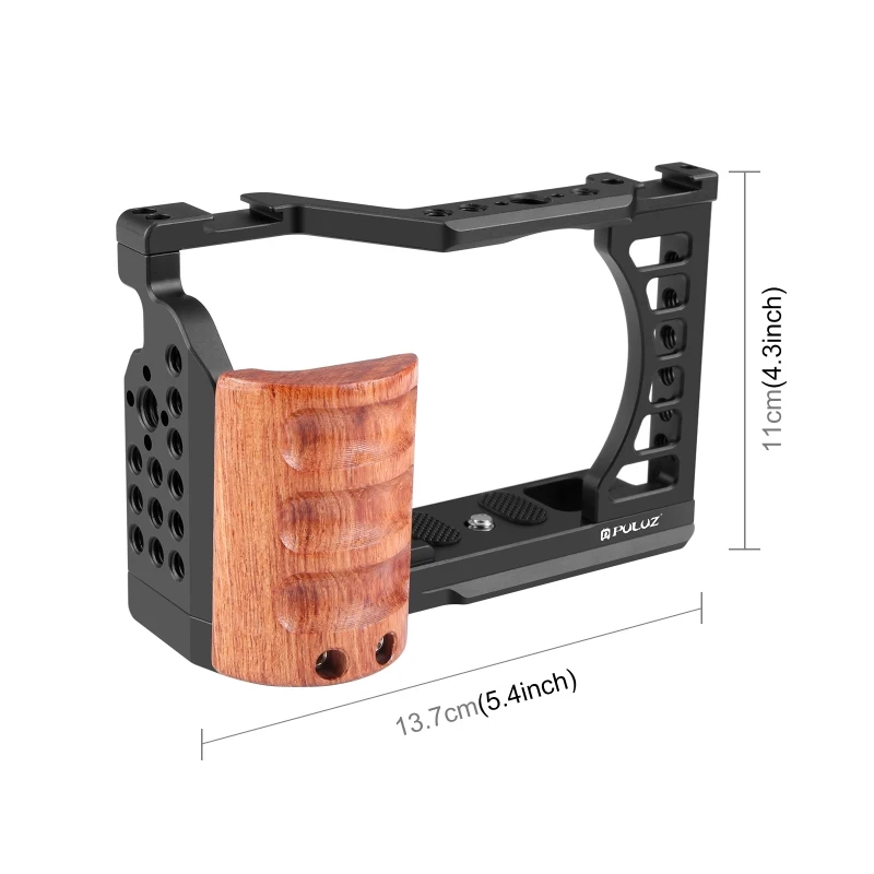 PULUZ Wood Handle Camera Cage For Sony ZV-E1 Camera Metal Stabilizer Rig Cage with 1/4 3/8 Inch Screw Holes