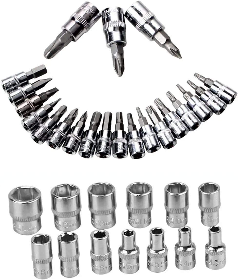 46 Pcs Socket Ratchet Wrench Set ,1/4” Drive Deep And Standard Sockets,Ratchet Wrench Set, Mechanic Tool Kits For Auto Repair