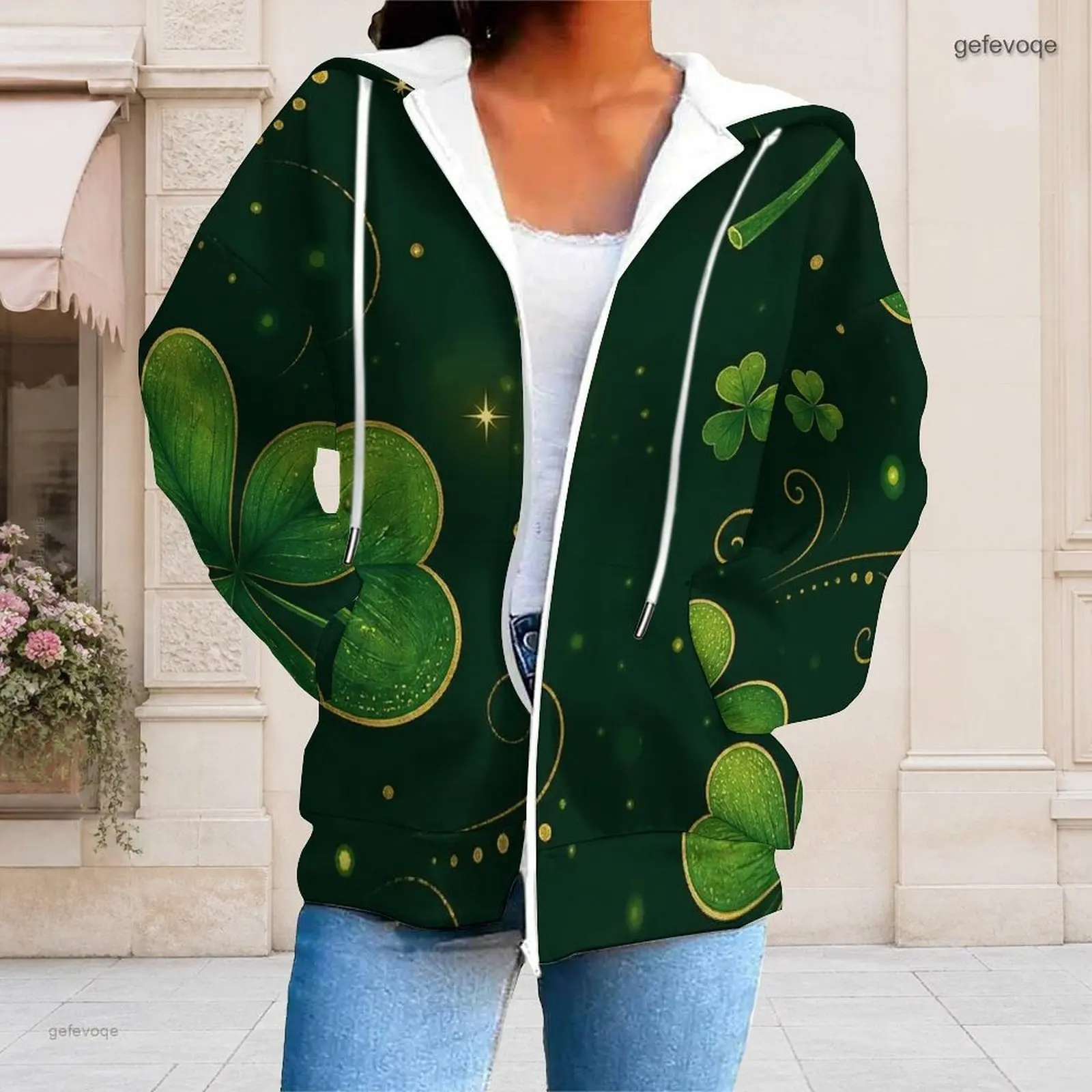 Women Printed Shamrock Clover Long Sleeve Full Zip Drawstring Hoodie with Pockets