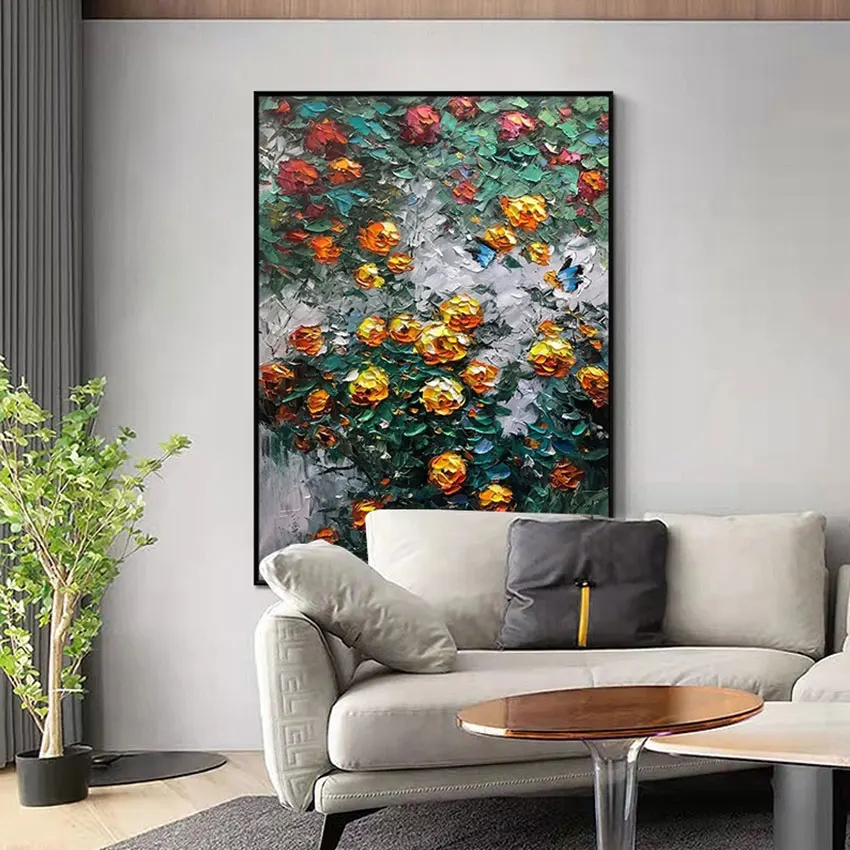 Canvas Painting Acrylic Artwork Abstract Orange Red Flowers Pictures Hand-painted Modern Art Home Wall Decoration No Framed