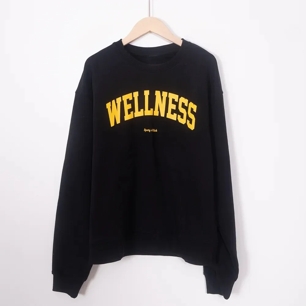 ZESSAM WELLNESS Letter Graphic Print Sweatshirt Women Black Long Sleeve Sporty Female Pullover Vintage Casual Lady Top 2024