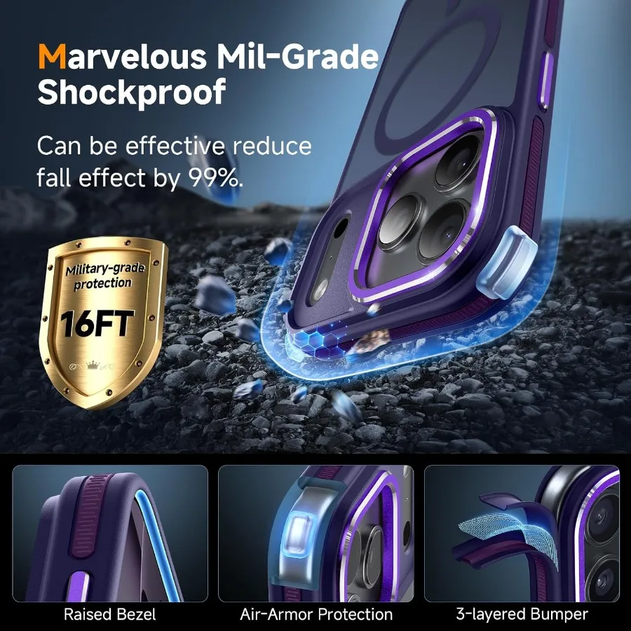 حافظة حماية مغناطيسية 3 في 1 لهاتف آيفون 17 برو مع توافق MagSafe بدون خياطة، تصميم متعدد الاتجاهات مقاوم للصدمات، رفيع T