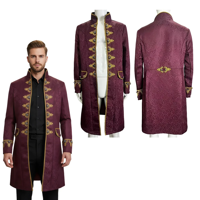 Longo jacquard masculino punk bordado casaco medieval retro vinho vermelho jaqueta renascentista príncipe blusão rpg traje
