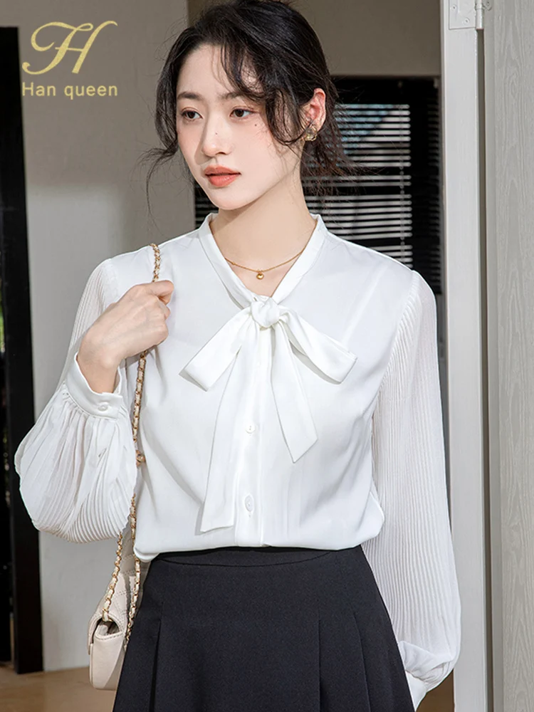 

H Han Queen White Lace-Up Bow Single Breasted Autumn Simple Office Blouse Long Sleeve Shirt Casual Korean Style Loose Women Tops