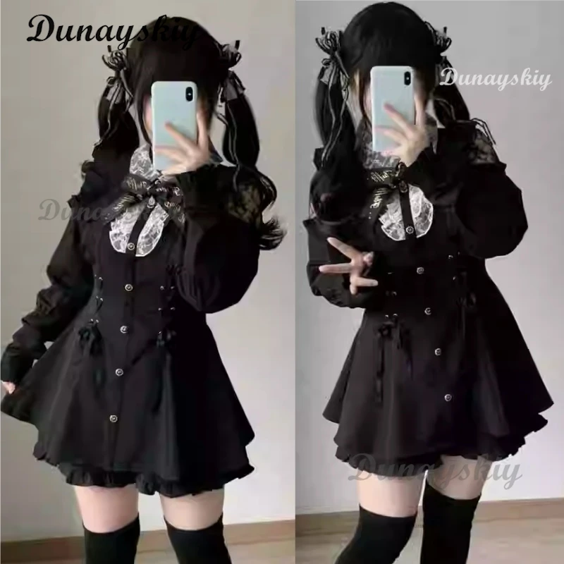 

Japanese Jirai Kei Gothic Y2k Style Rhinestone Bow Dress Shorts Set Women Lace Off Shoulder Slim Shirts Dresses Lolita Outfits