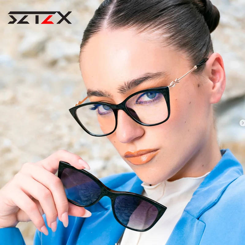 SZTZX Cat Eye Magnet Clip On Reading Glasses Women Anti-Blue Ray Myopia Hyperopia Prescription Glasses With Polarized Sunglasses