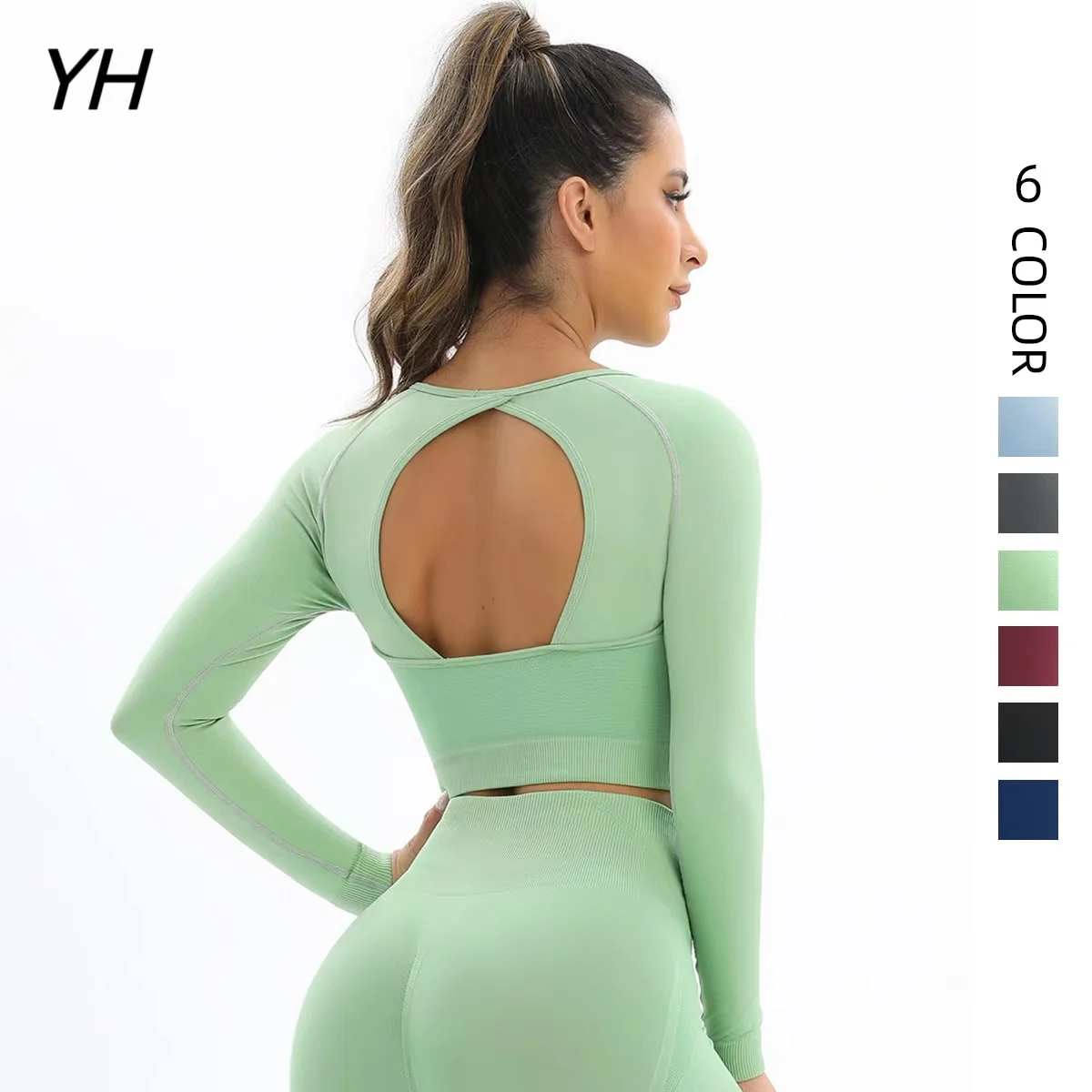 Long Sleeve Women Yoga Shirt Seamless Crop Top Open Back Workout Tops For Women Fitness Running Shirts Gym Sport Top ActiveWear