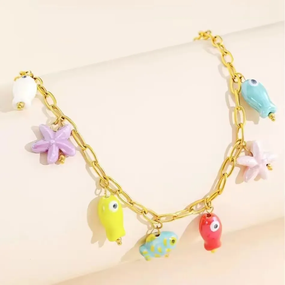 

5Pcs New Summer Colorful Enamel Charm Bracelet Necklace Ocean Jewelry 18k Gold Plated Star Fish Ceramic Pendant Necklace