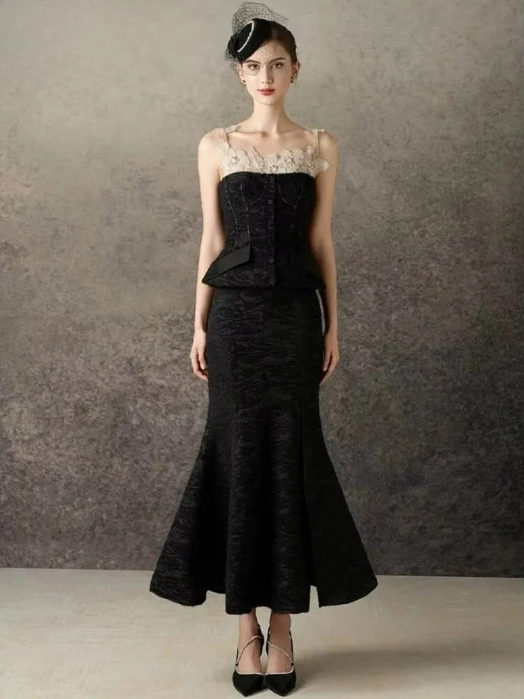 Women's Evening Suit 2026 Spring New  Elegant 2 Pcs Set Flower Gauze Splice Short Top Hip Warp Split Mermaid Skirt