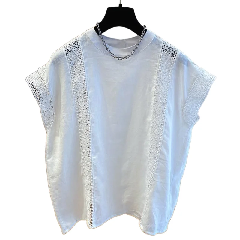Blusa feminina cor sólida verão oco pulôver renda solta camisas de manga curta camisas y blusas mujer topo 2025 novo