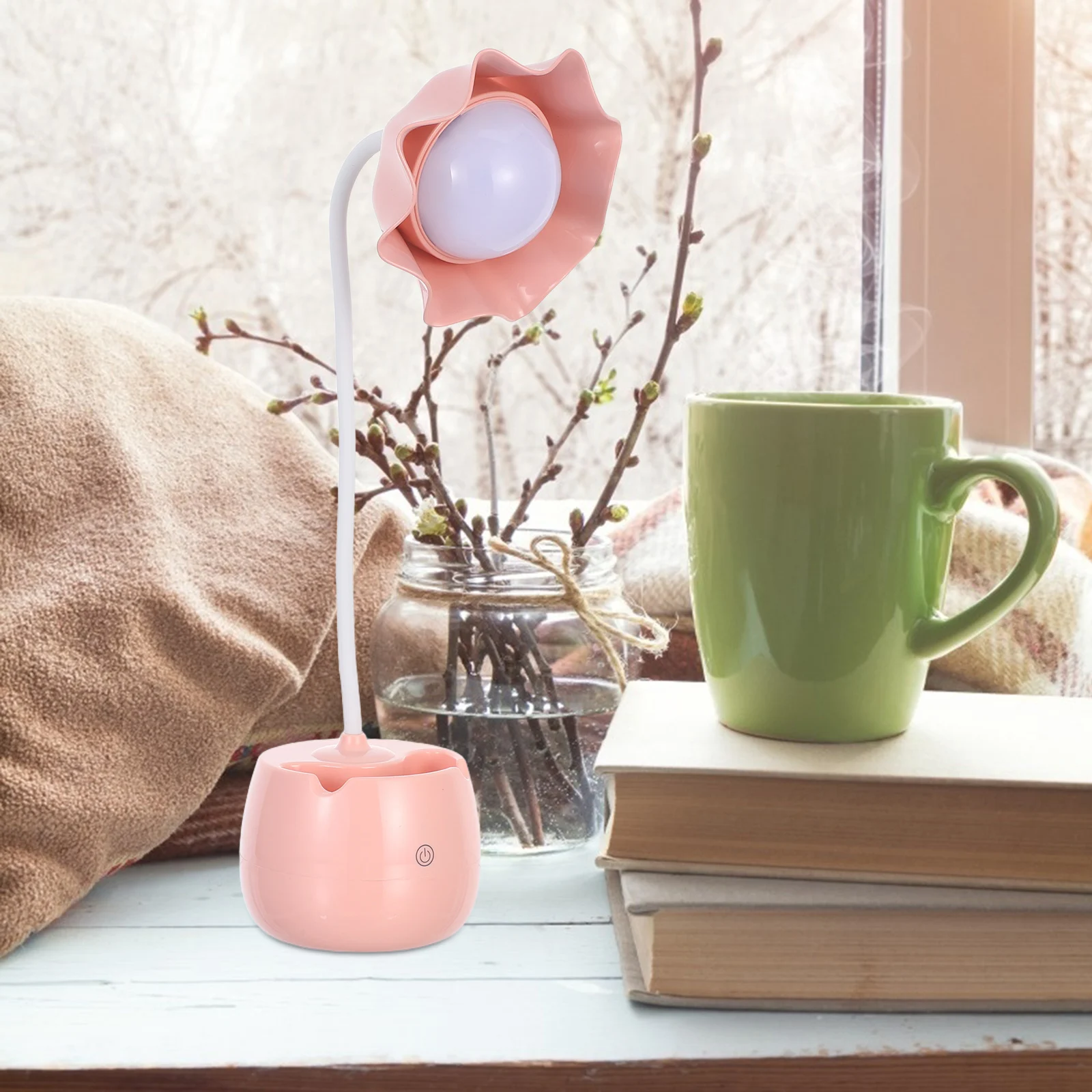 

Creative Flower Design Led Desk Lamp Touch Usb Light For Home Office Study Pink Plastic Table Lamp Pen Holder Durable