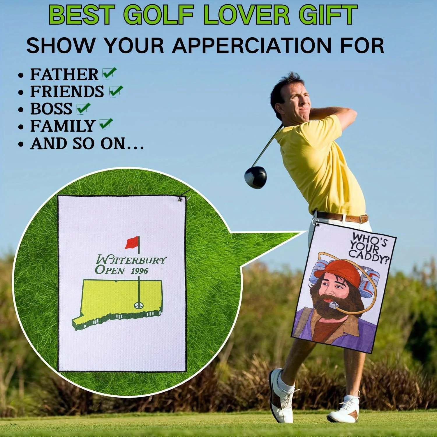 منشفة جولف مضحكة من الألياف الدقيقة الممتازة مع حامل مشبك لحقائب الجولف Happy Gilmore بتصميم أنماط مختلفة على الوجهين منشفة جولف #6